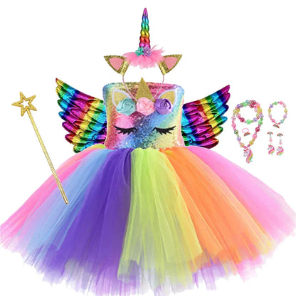 Vestidos de Unicórnio Princesa para Meninas, Trajes Tutu, Flores em Tons Pastel, Vestidos de Aniversário para Bebês, Tule, Fantasias Infantis para Halloween e Cosplay
