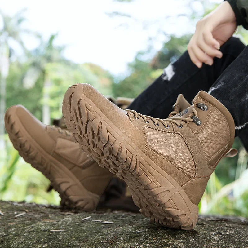 Brand High-Top Leather Men's Boots Breathable Desert Combat Men Work Ankle Outdoor Non-slip Hiking Boots Men's Motorcycle Boots