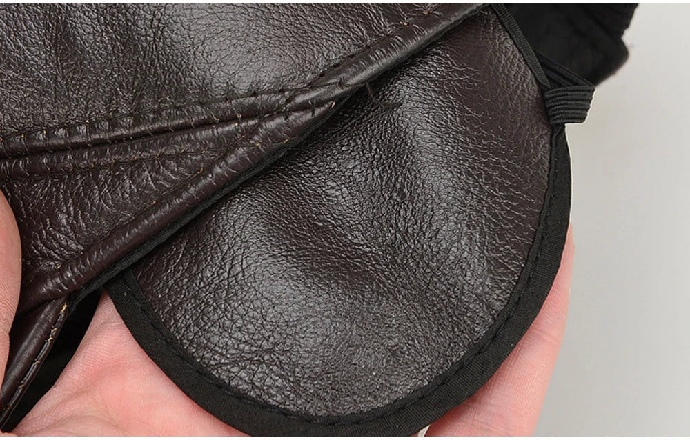 New Style Casual Real Leather Earflap Cap Men Real Cowhide Leather Caps Male Fall Winter Genuine Real Cow Leather Baseball Hats