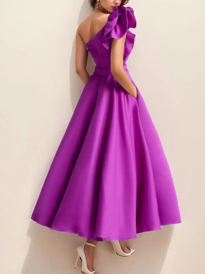 Women's One Shoulder Elegant Evening Dress with Pockets Satin Tea Length A Line Formal Wedding Guest Dress Prom Dresses