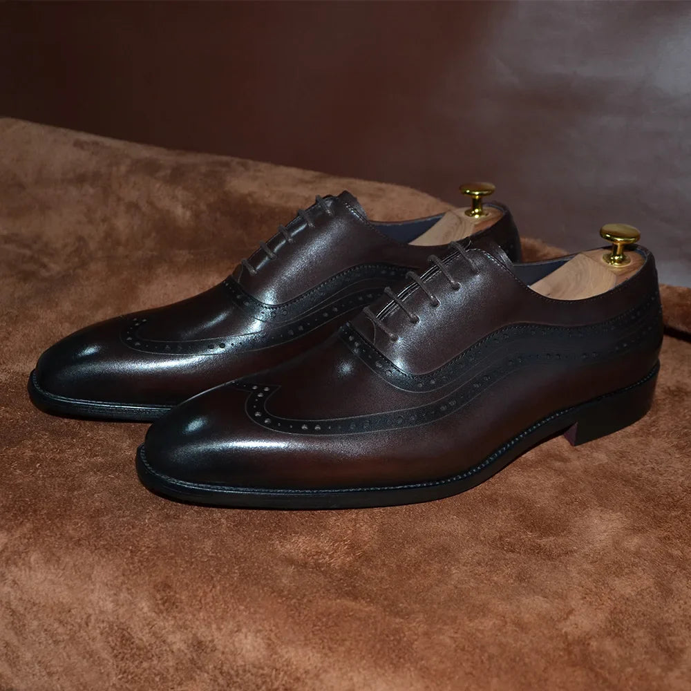 Luxury Mens Wingtip Oxford Dress Shoes Genuine Leather Brogue Dark Brown Lace-up Pointy Toe Business Office Wedding Formal Shoes
