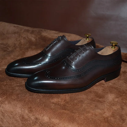 Luxury Mens Wingtip Oxford Dress Shoes Genuine Leather Brogue Dark Brown Lace-up Pointy Toe Business Office Wedding Formal Shoes