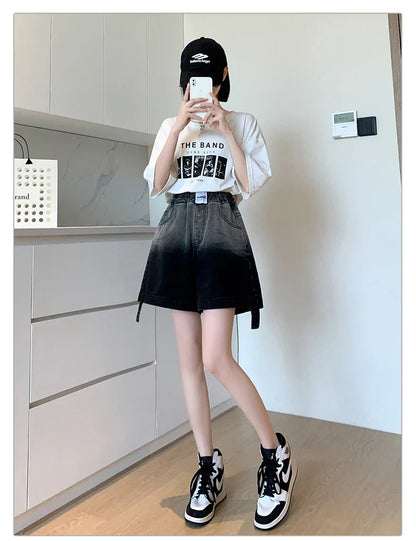 Plus Size Denim Shorts For Women Summer 2024 New High Elastic Waist Pockets Wide Leg Loose Jean Short Femme Hot Sale