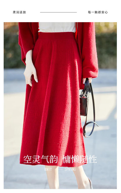 Autumn And Winter High Waist 100% Pure Wool Skirt Female Slim Long Knitted Wool Skirt Loose Wearing A-Line Skirt