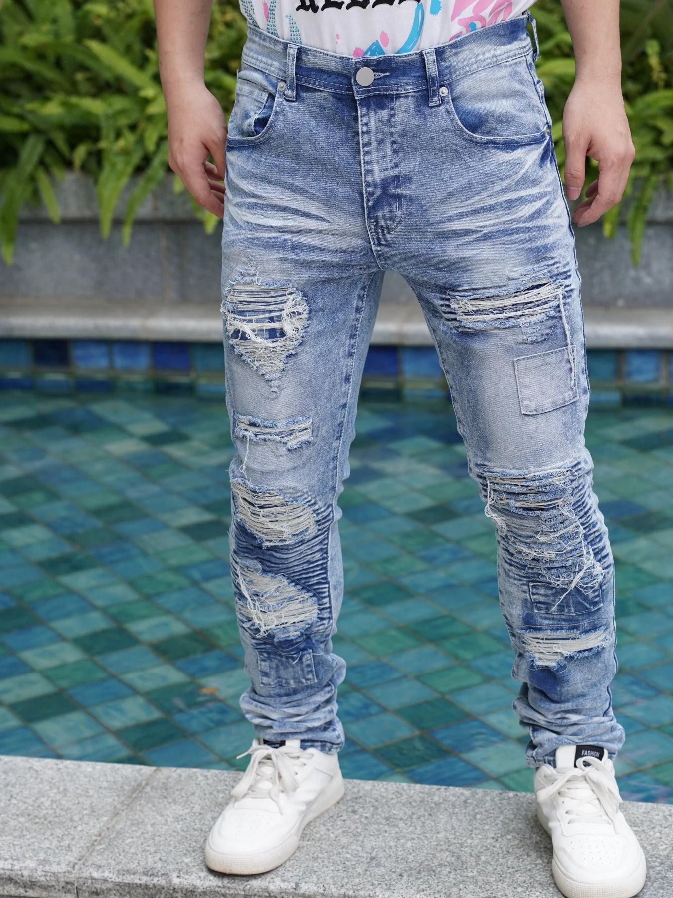 Men'S Wide Leg Jeans  Distressed And Patched Style  New Arrivals For Summer  Breathable And Cool  Promotion With Free Shipping