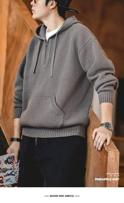 Casual Knit Sweater Half-zip Basics Hoodies for Men Autumn Winter Fashion Brand Pullovers Warm Hooded Sweatshirt Tops