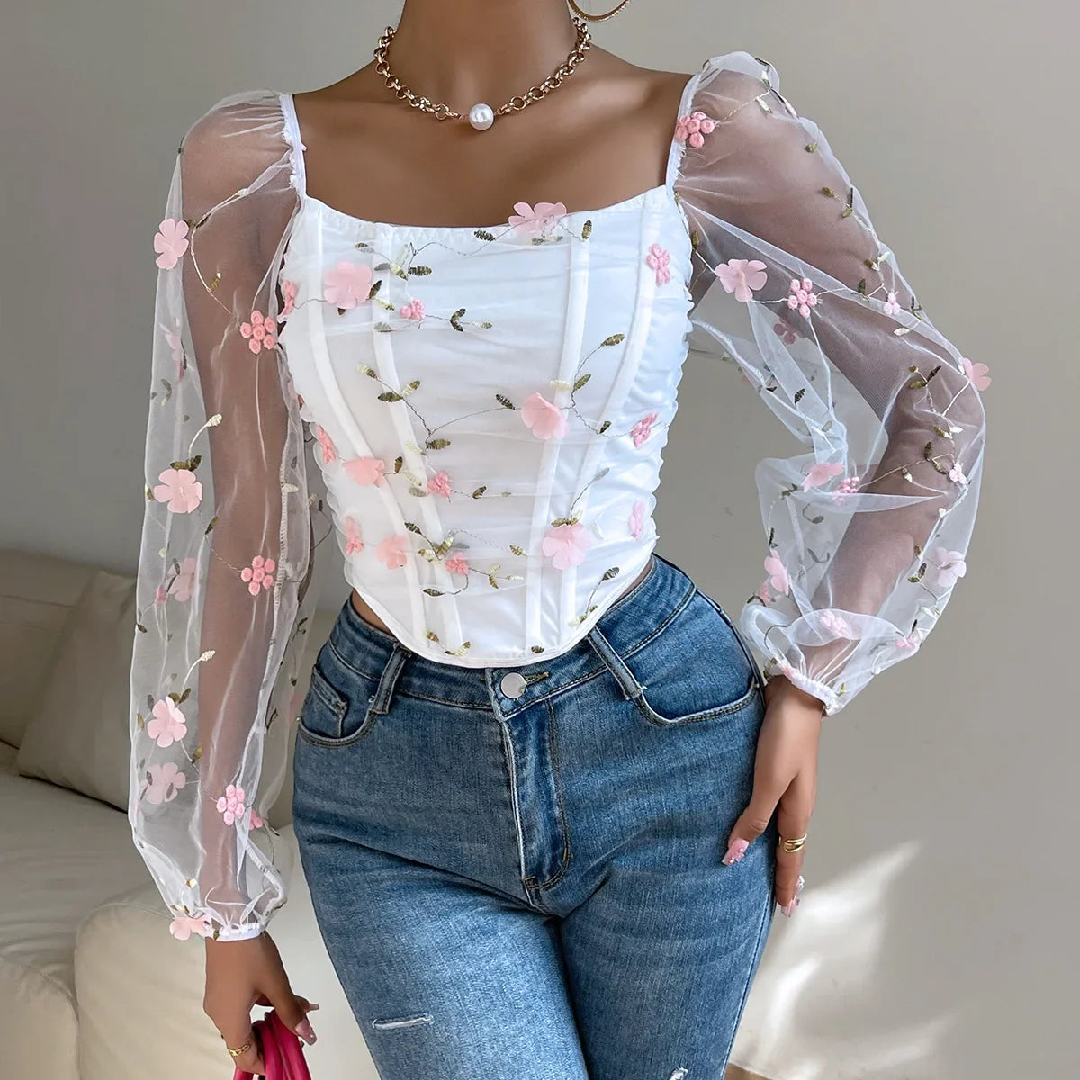 White Gauze Corset Bone Cropped Top Sexy Floral Backless Long Sleeve French Summer Women's Slim Bustier Tank Top