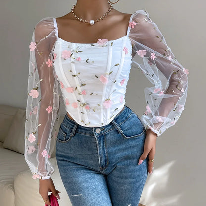 White Gauze Corset Bone Cropped Top Sexy Floral Backless Long Sleeve French Summer Women's Slim Bustier Tank Top