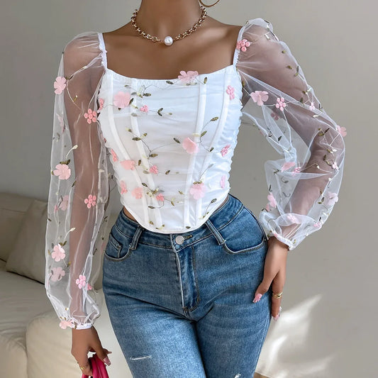 White Gauze Corset Bone Cropped Top Sexy Floral Backless Long Sleeve French Summer Women's Slim Bustier Tank Top