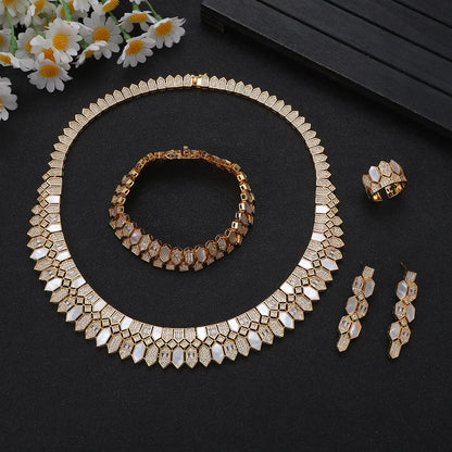 Luxury Dubai Bridal Jewelry Set For Women Wedding Party Shell Zirconia Jewelry Set Twisted Branch Design