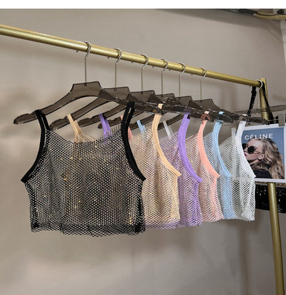 Summer New Mesh Diamond Crystal Short Halter Top AB Color Diamond Sexy Inner Shining Waistless Tops