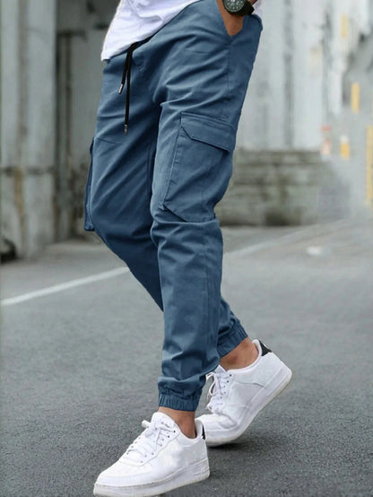 Men's Slim Fit Elastic Waist Cargo Pants Multi-Pockets Cuffed Hem Comfortable for Casual Outdoor Wear