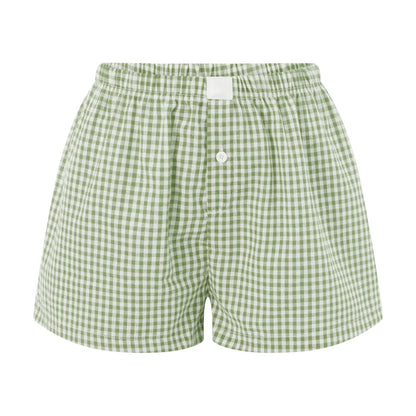 Women’s Y2K Retro Cleanfit Plaid Print Elastic Low Waist Button Front Aesthetic Loungewear Loose Shorts Boxers Streetwear