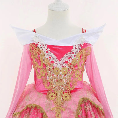 Sleeping Beauty Aurora Princess Dress Girl Cosplay Off Shoulder Kids Gifts Fancy Party Girl Baby Fine Lace Dress Set