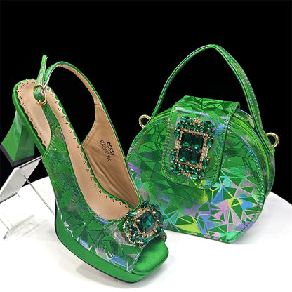 Elegant Women Heels for Peep Toe Good Material Design Rhinestone Fuchsia Sandals Italian Shoes and Bags Matching Set 2025