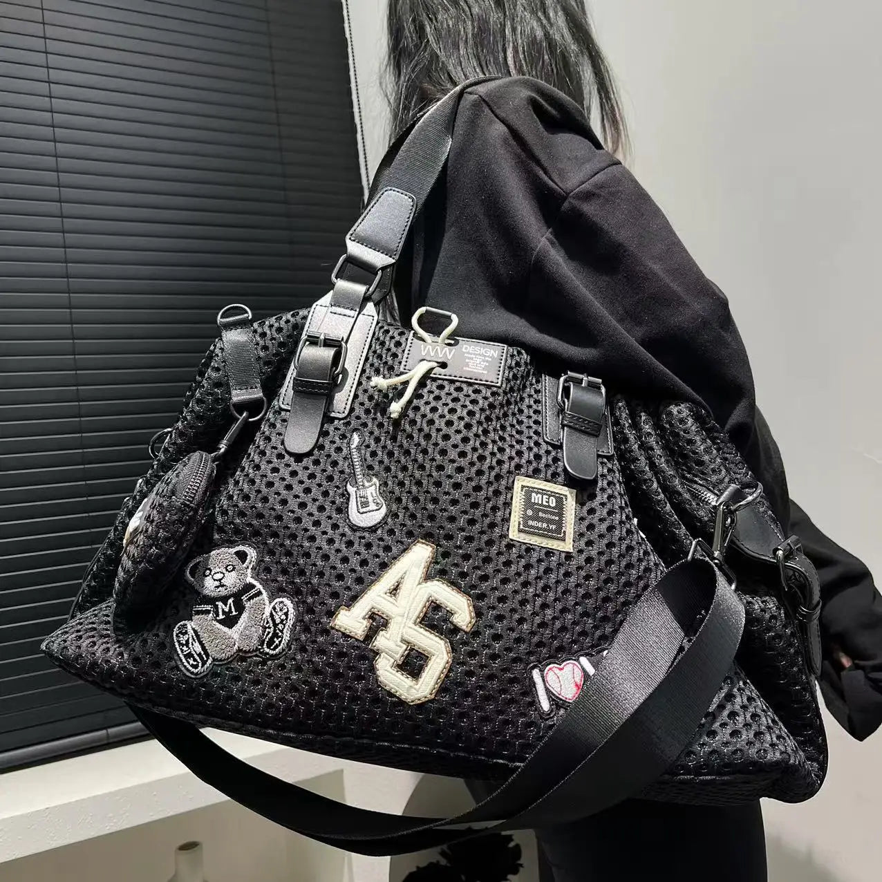 Fashionable women's mesh nylon adhesive tote bag, large capacity splicing shoulder bag, short distance travel casual handbag