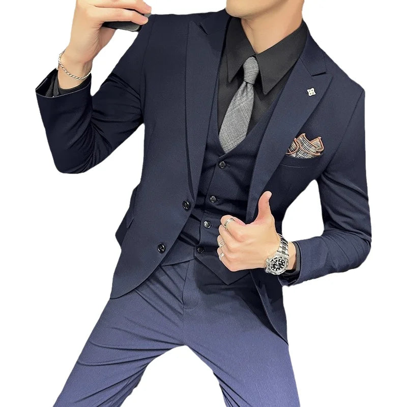 Slim Fit Men's Three Piece Suit Thin Single Button Notch Lapel Casual Fashion Cotton Blend Spring Autumn Wear for Youth