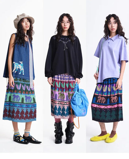 A-line Skirt 2026 Spring New Elastic Waist Colorful Floral Print Pleated Commuter Retro Style Skirt For Women 3ELC20607