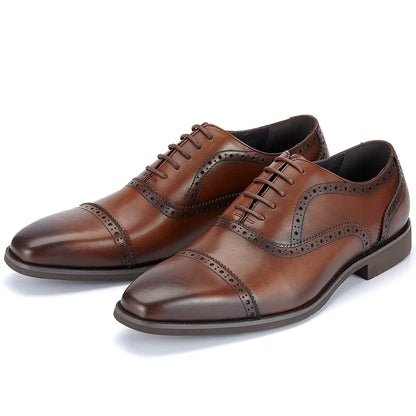 Men's Genuine Leather Brogue Oxfords, Business Formal Dress Shoes with Soft Rubber Sole