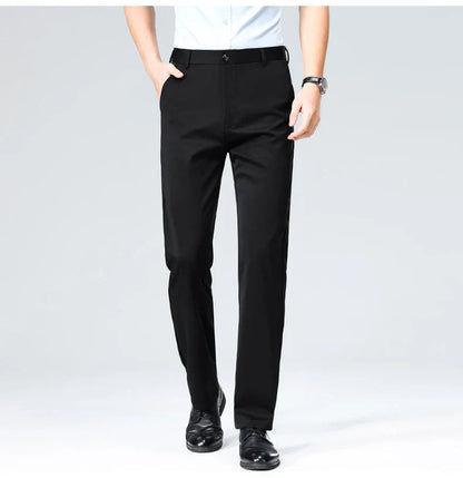 High-stretch fabric men's business trousers suitable for all seasons, featuring an elastic waistband and classic office/work for