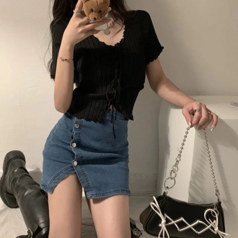 TShirt For Women V-neck Summer Simple Versatile Casual Crop Tops Bandage Ribbed Short Sleeve Women's Top T-Shirt Girl