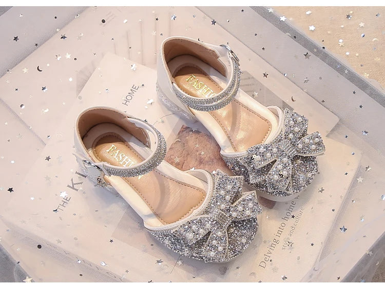 Kid's Sandals high Heels Pumps Rhinestone Bow Silver Party Breathable Shoes For Girl PU Leather Footwear for Kids Size 26-36