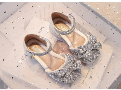 Kid's Sandals high Heels Pumps Rhinestone Bow Silver Party Breathable Shoes For Girl PU Leather Footwear for Kids Size 26-36