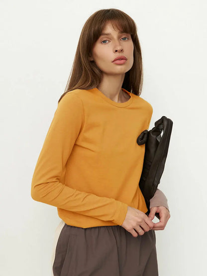 Women's Spring Autumn 100% Cotton T-shirt Bottoming Basic Solid Lady Long Sleeve Loose Tops Shirts Oversized T Shirt