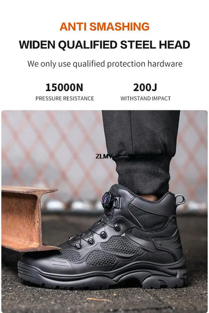 Construction Work Boots Men Steel Toe Safety Shoes Rotated Button Anti-smash Puncture Proof Sneakers Man High Top Security Boot