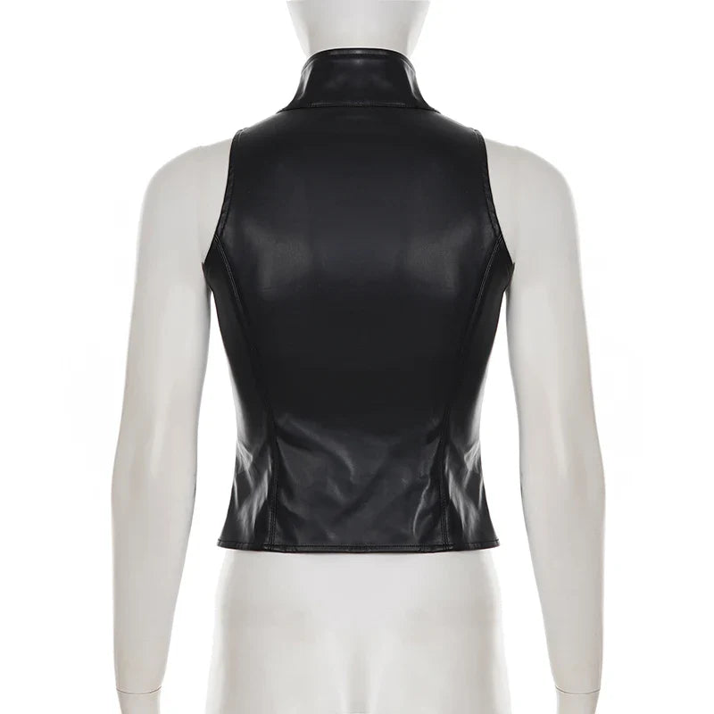 Retro Punk Pu Leather Vest With Sleeve Cover Women Gothic Black Sleeveless Turtleneck Top Y2k Metal Decorative Clothing
