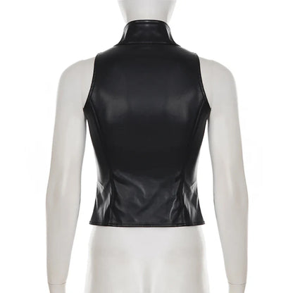 Retro Punk Pu Leather Vest With Sleeve Cover Women Gothic Black Sleeveless Turtleneck Top Y2k Metal Decorative Clothing