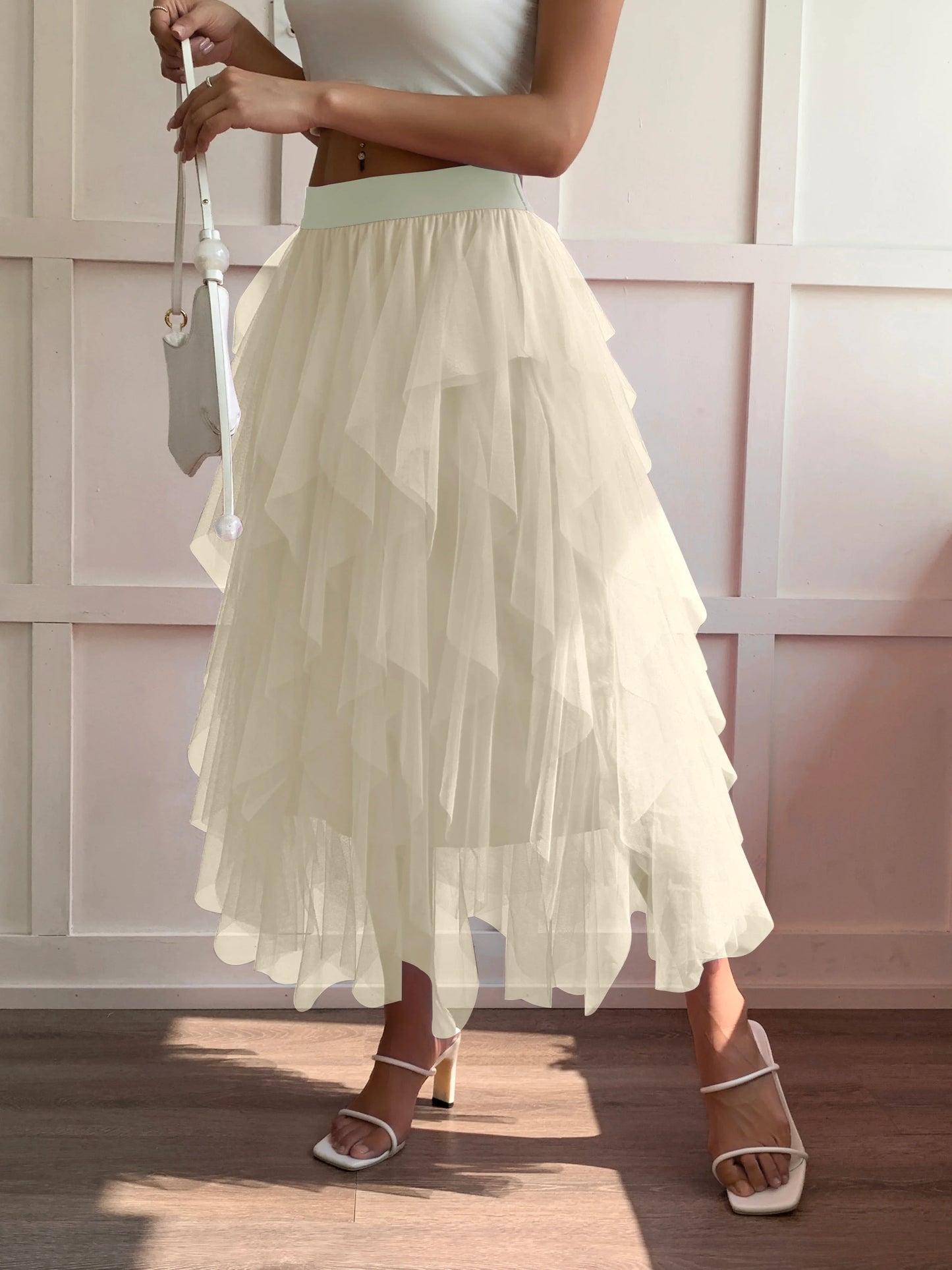 Medium waist chiffon long skirt for women, irregular layered pleated edge layered cake skirt, elegant fairy A-line skirt