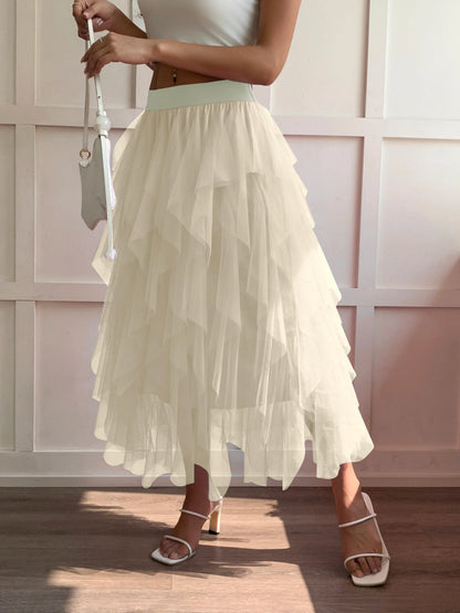 Medium waist chiffon long skirt for women, irregular layered pleated edge layered cake skirt, elegant fairy A-line skirt