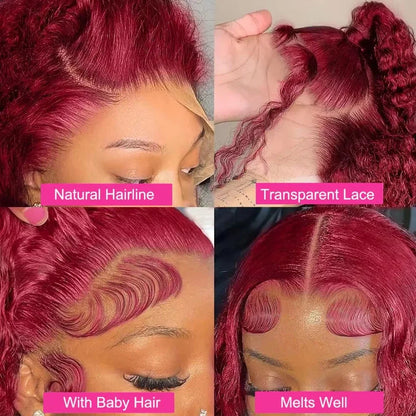 13x6 99j Burgundy Lace Front Wigs Human Hair Deep Wave 250 Density Transparent Frontal Wigs Pre Plucked Red Curly Wigs for Women
