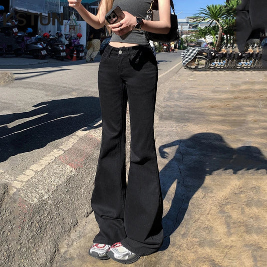 2025 New Low Waist Boot Cut Jeans For Women Fashion Stretch Denim Flared Pants Black Casual Female Bell Bottom Trousers