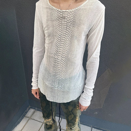 Y2k Snakeskin Print T-shirt Grunge Aesthetics Long Sleeve Knitted Tops Vintage 2000s Streetwear American Retro
