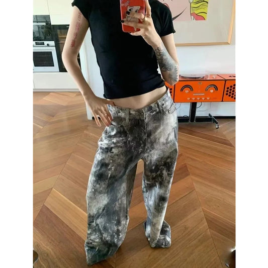 Blue Women's Jeans Hip-hop Fashion Vintage Streetwear Y2K Wide Leg Straight Jean High Waist Trouser Classic Baggy Denim Pants