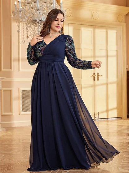 Vestidos de Noite Luxuosos Plus Size de Chiffon Manga Comprida Feminino Lantejoula Vermelho Festa Casamento Coquetel Formatura Comprimento Longo