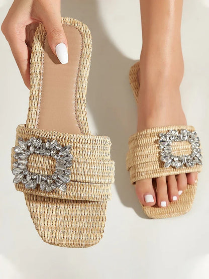 Summer Casual Fashion Square Headed Cane Knitted Flat Heels for Women Slippers Flat Bottom Crystal Sandals Beach Slides