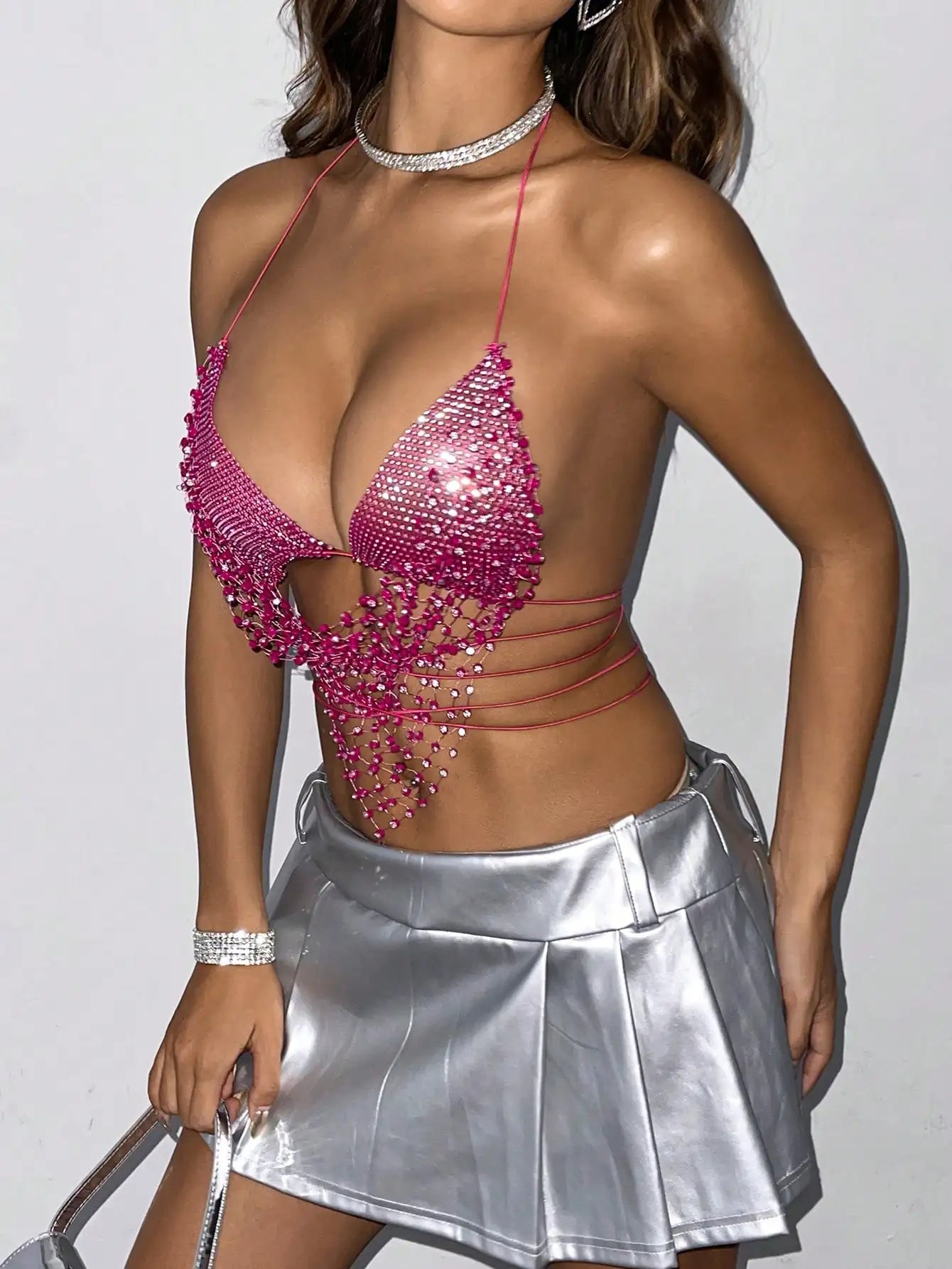 Women Glitter Rhinestone Fishnet Tank Top Sexy Deep V Neck Backless Halter Neck Camisole Rave Festival Party Crop Top New 2025
