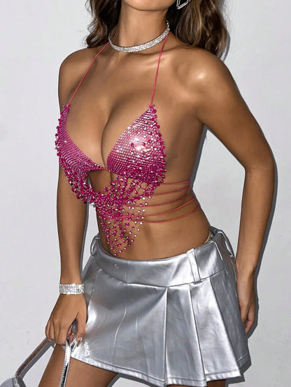 Women Glitter Rhinestone Fishnet Tank Top Sexy Deep V Neck Backless Halter Neck Camisole Rave Festival Party Crop Top New 2025
