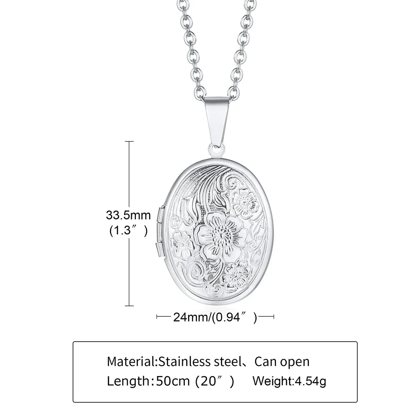 Delicate Floral Oval Heart Locket Pendant Necklaces for Women,Stainless Steel Photo Frame Promise Love Keepsake Gift