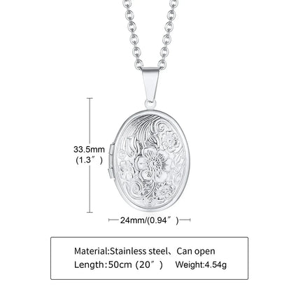 Delicate Floral Oval Heart Locket Pendant Necklaces for Women,Stainless Steel Photo Frame Promise Love Keepsake Gift