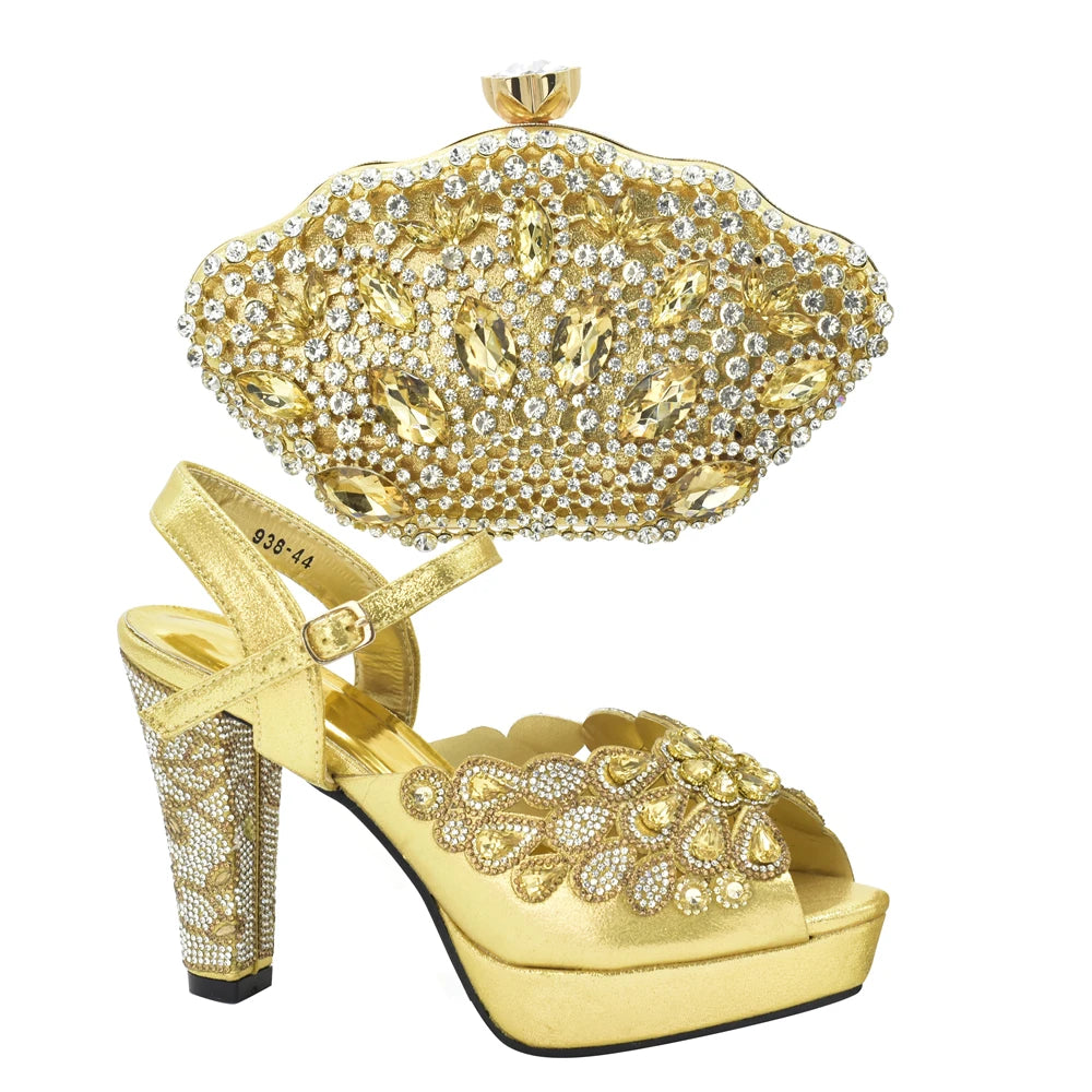 New Arrival Italian Party Shoes and Bag Set Decorated with Rhinestone African Women Wedding Shoes Bride Plus Size Women Shoes 43