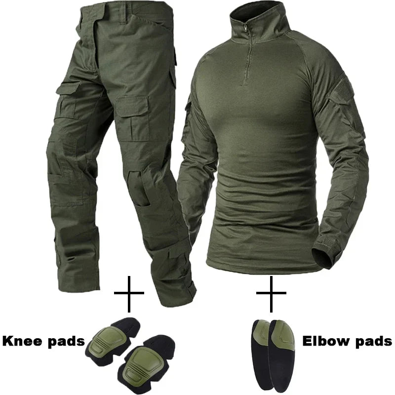 Outdoor Tactical Uniform Military Camo Hiking Training Shirts Workwear Cargo Pants+Pads Airsoft Paintball Hunting Clothes Sets