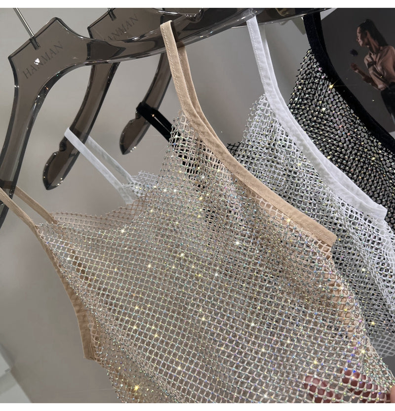 Summer New Mesh Diamond Crystal Short Halter Top AB Color Diamond Sexy Inner Shining Waistless Tops