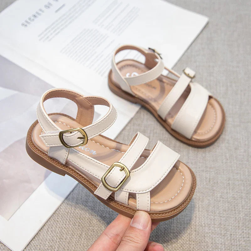 Girls Roman Sandals Open Toe Little Kids Leather Sandals with Buckle Open Toe Children Summer Beach Shoes Non-Slip Soft Sole