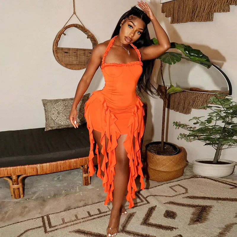 Elegant Halter Solid Ruffles Backless Taseel Sexy Slim Mini Dress Spring Women Cute Outfits Birthday Party Vacation