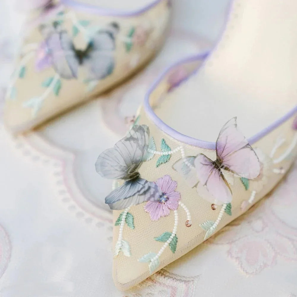 Butterfly High Heel Pumps Women Purple Mesh Pointed Toe Stiletto Heel Garden Party Shoes Ladies Wedding Shoes