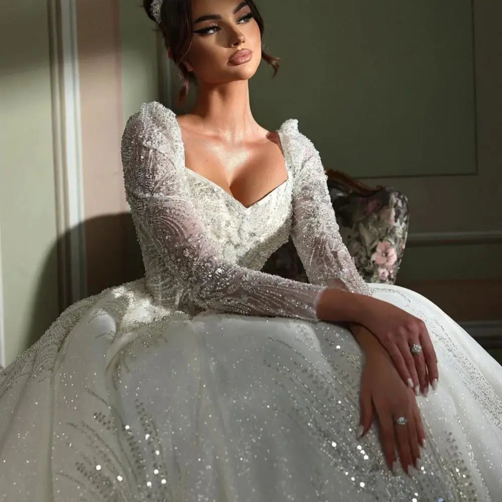 Customized Beaded Long Wedding Dresses 2025 Train Modest Long Sleeve Bridal Gown Charming Princess Dresses For Bride